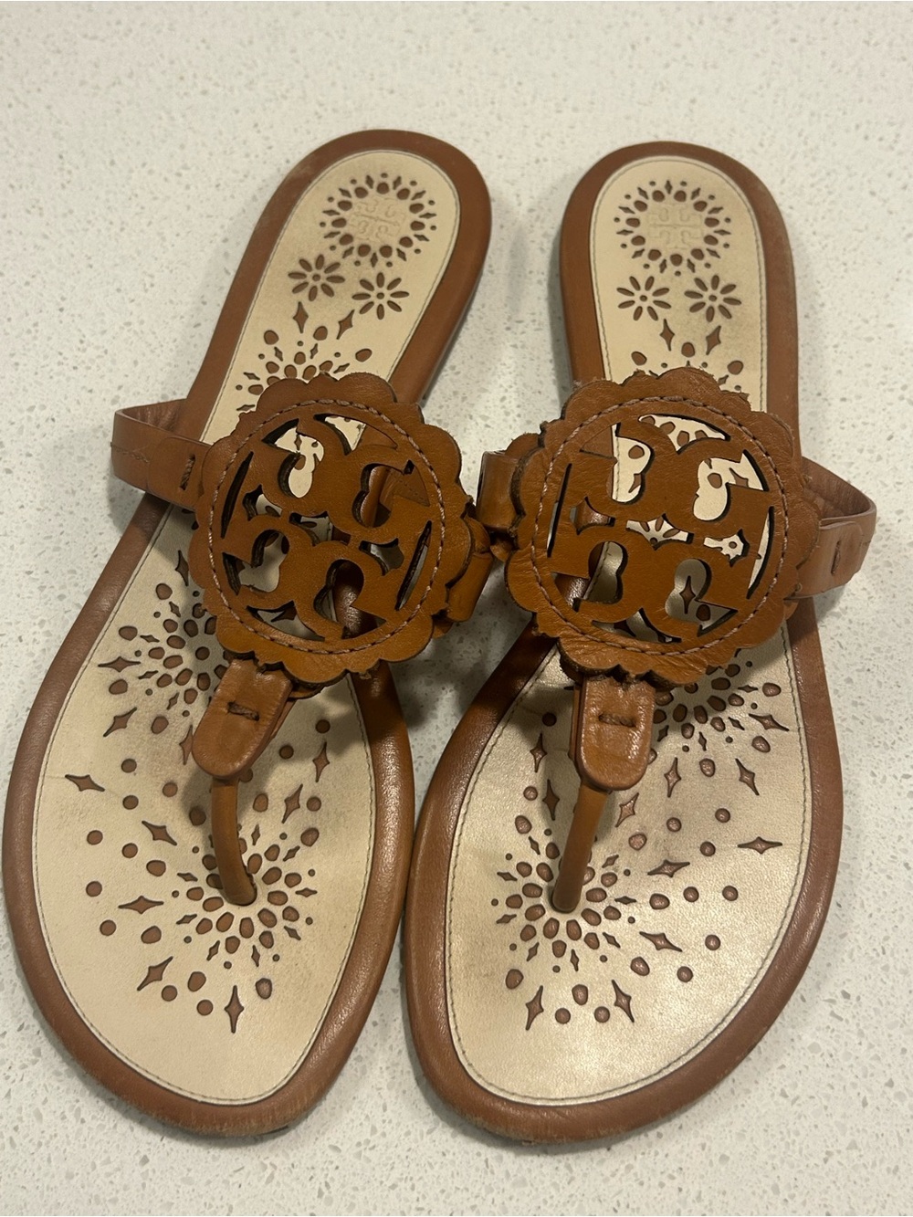 Tory Burch Tan Leather Logo Cutout Thong Sandals
